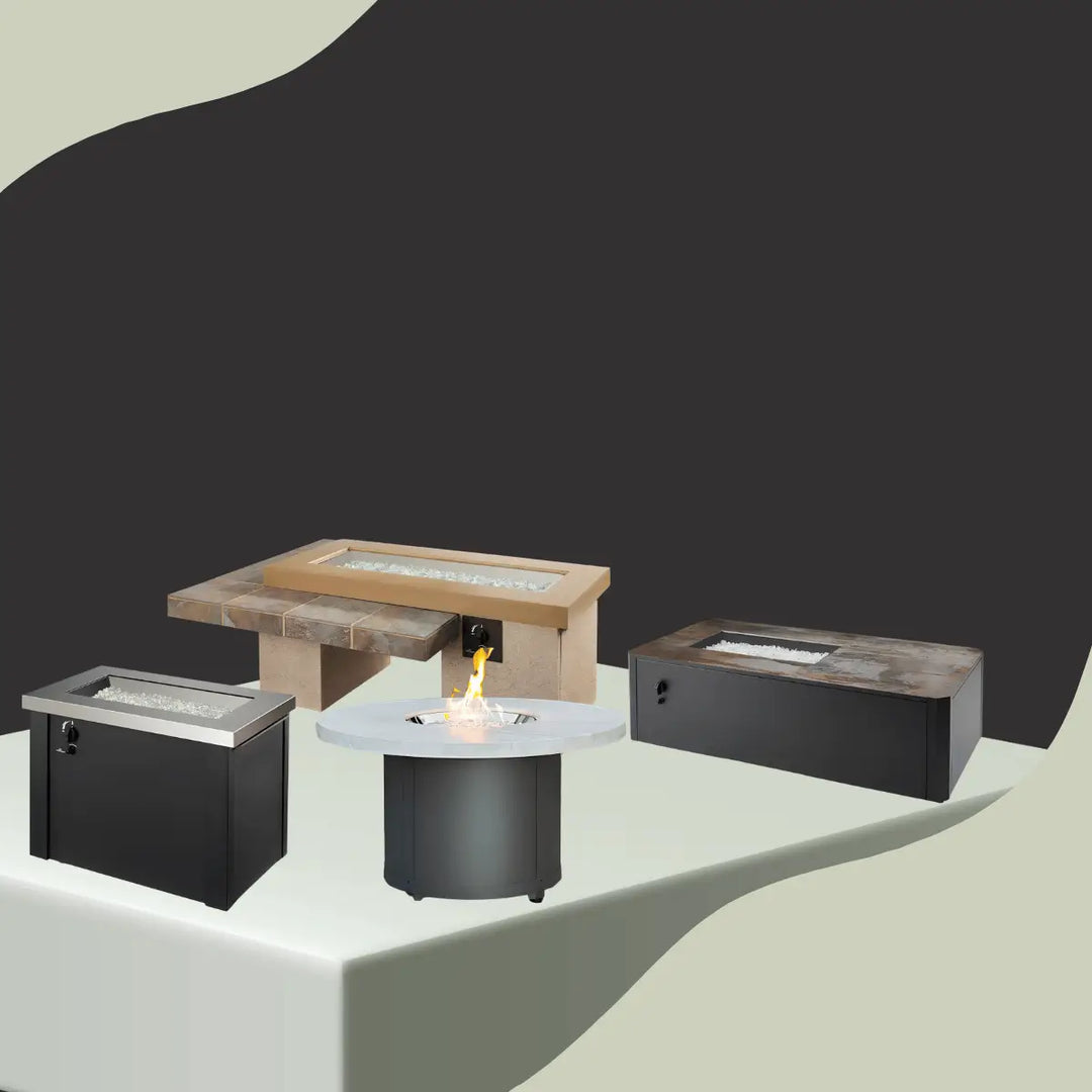The Outdoor GreatRoom fire pit tables collection featuring modern gas fire tables with glass media in round, square, and rectangular designs.