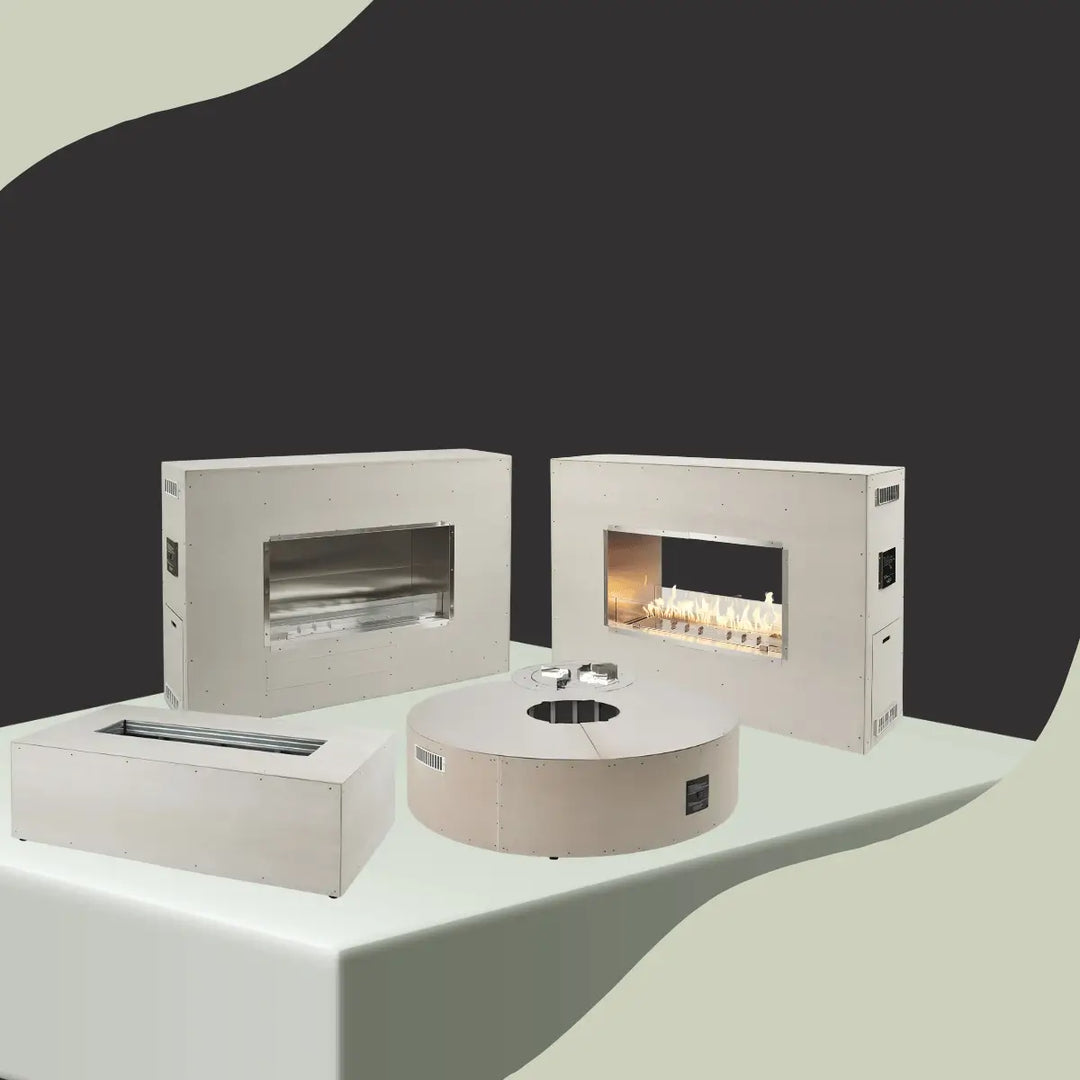 The Outdoor GreatRoom ready-to-finish collection featuring customizable fire pit enclosures and linear outdoor fireplaces with modern design.