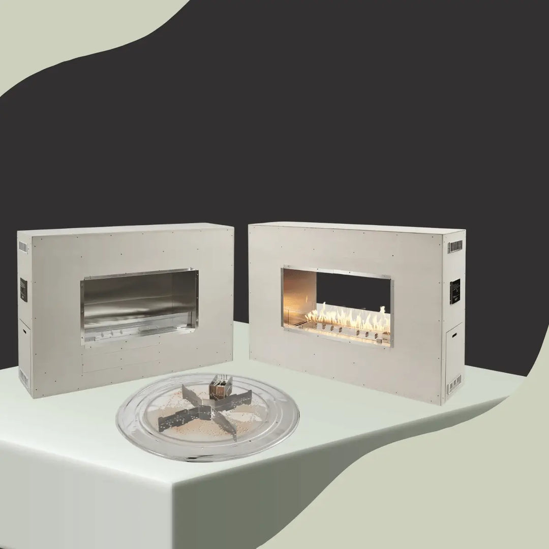 The Outdoor GreatRoom Company fireplaces collection with modern outdoor linear gas fireplaces and stainless steel burner components.