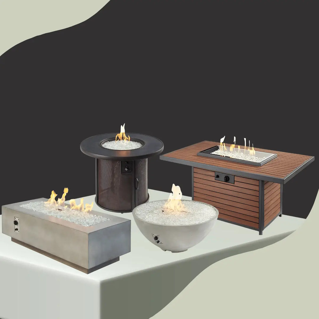 The Outdoor GreatRoom fire pits collection featuring modern gas fire tables, round fire bowls, and stainless steel outdoor fire pits.