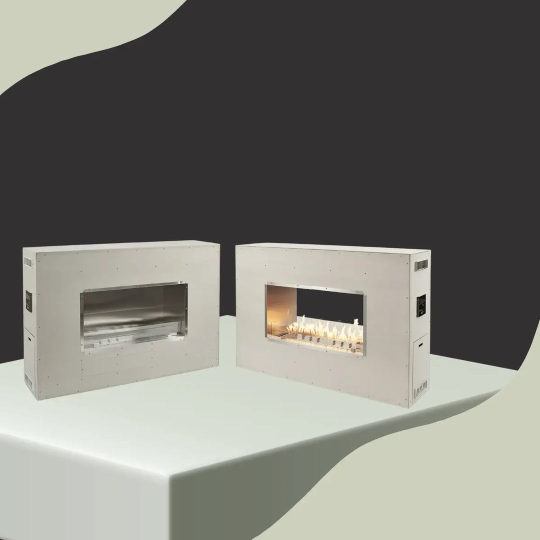 The Outdoor GreatRoom freestanding fireplaces collection featuring modern linear gas fireplaces with stainless steel interiors and outdoor design.