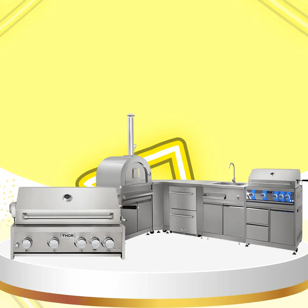 Thor Kitchen gas grills collection featuring stainless steel built-in grill, outdoor kitchen island setup with sink and storage, and wood-fired pizza oven, displayed on a modern yellow showcase background.