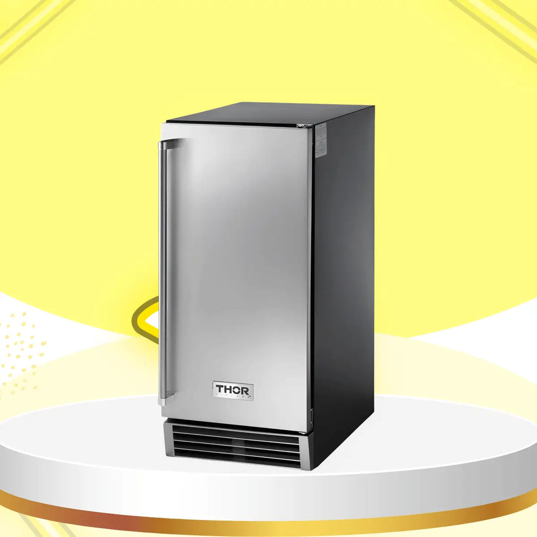 Thor Kitchen ice makers collection featuring a stainless steel built-in ice maker with sleek handle and front ventilation, displayed on a modern yellow showcase background.