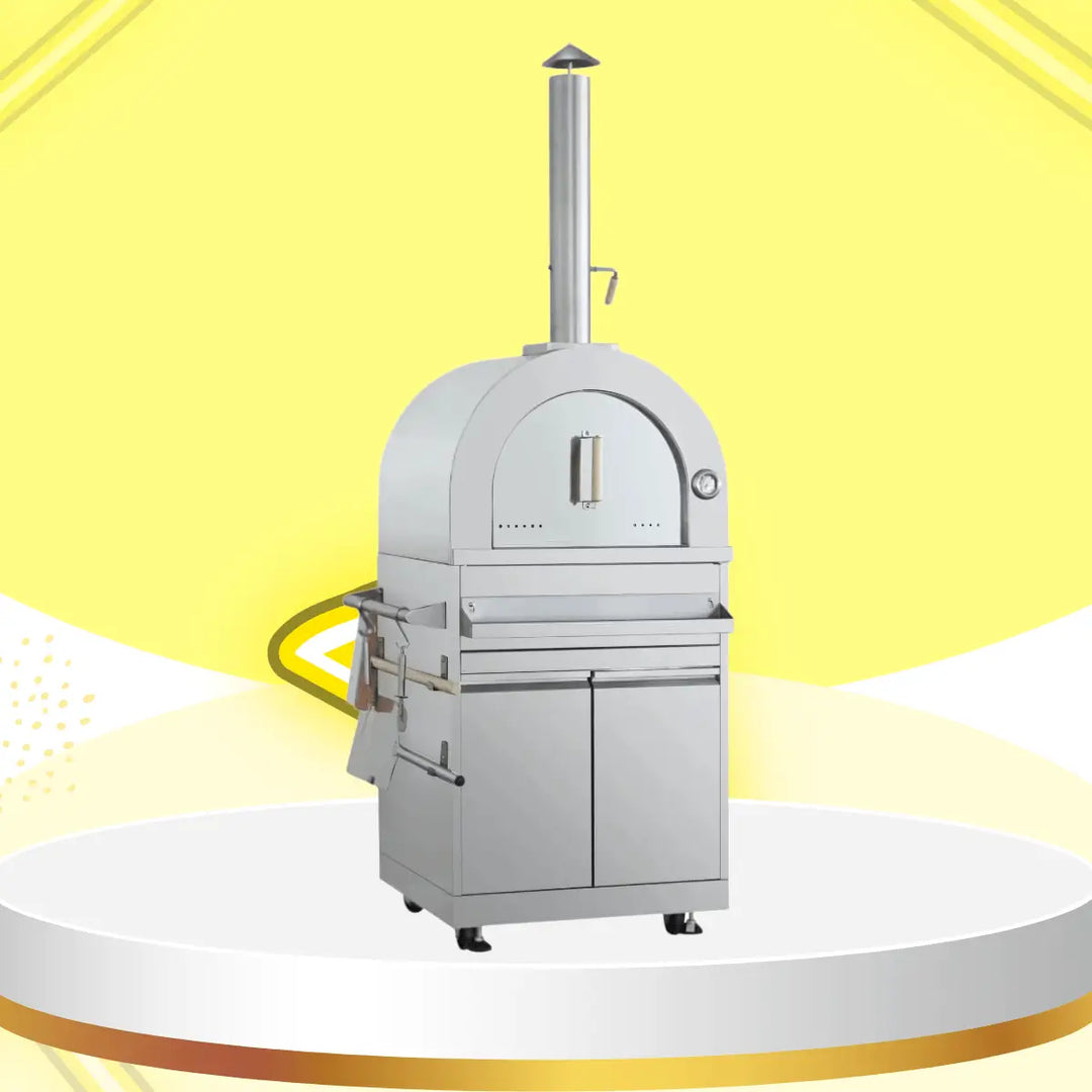 Thor Kitchen pizza ovens collection featuring a stainless steel outdoor pizza oven with chimney, storage cabinet base, and cooking tools, displayed on a modern yellow showcase background.