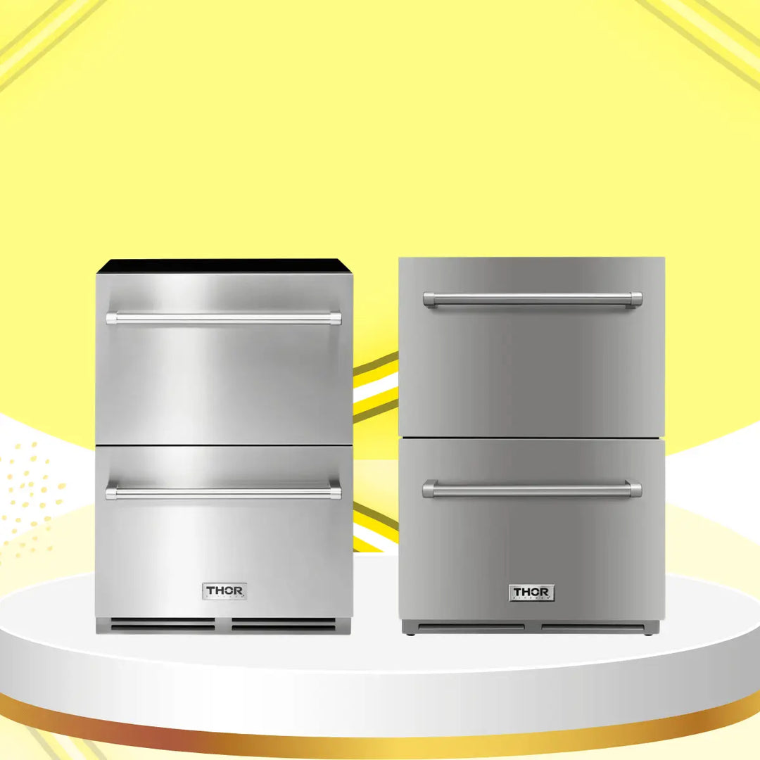 Thor Kitchen refrigerators collection featuring stainless steel outdoor refrigerator drawers with sleek handles and front ventilation, displayed on a modern yellow showcase background.