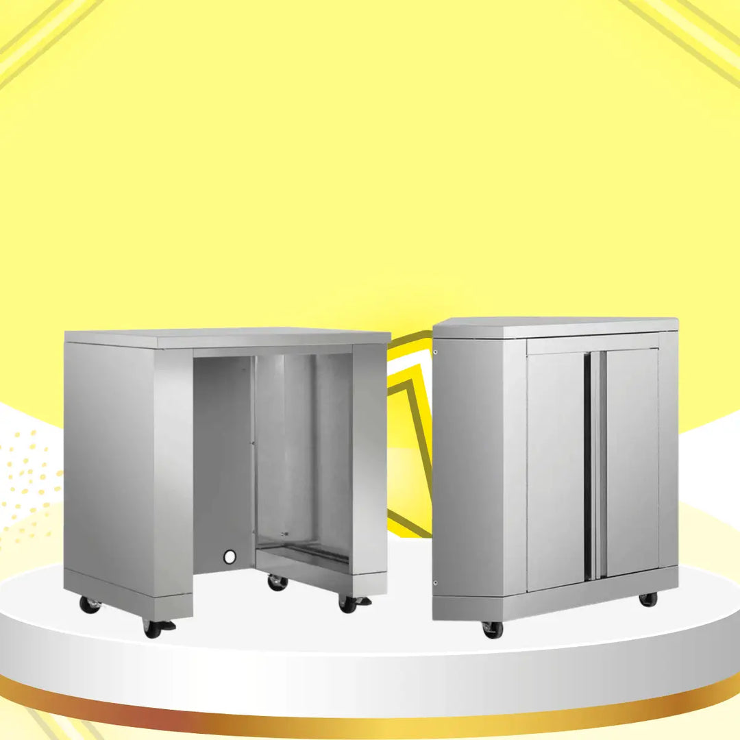 Thor Kitchen refrigerators collection featuring stainless steel outdoor refrigerator drawers with sleek handles and front ventilation, displayed on a modern yellow showcase background.