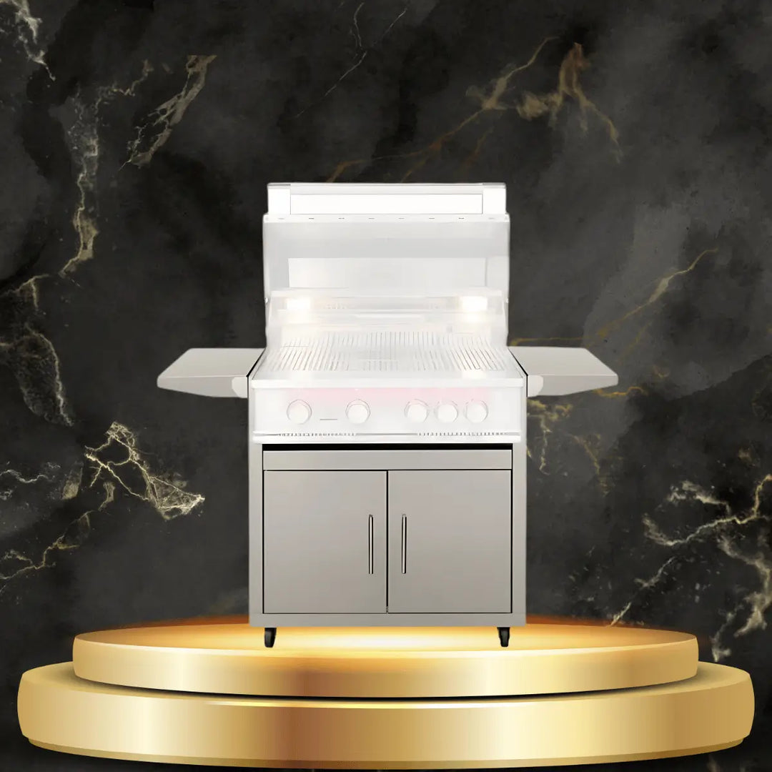 TrueFlame freestanding grill cart with stainless steel body, side shelves, and storage cabinet on luxury outdoor display platform.