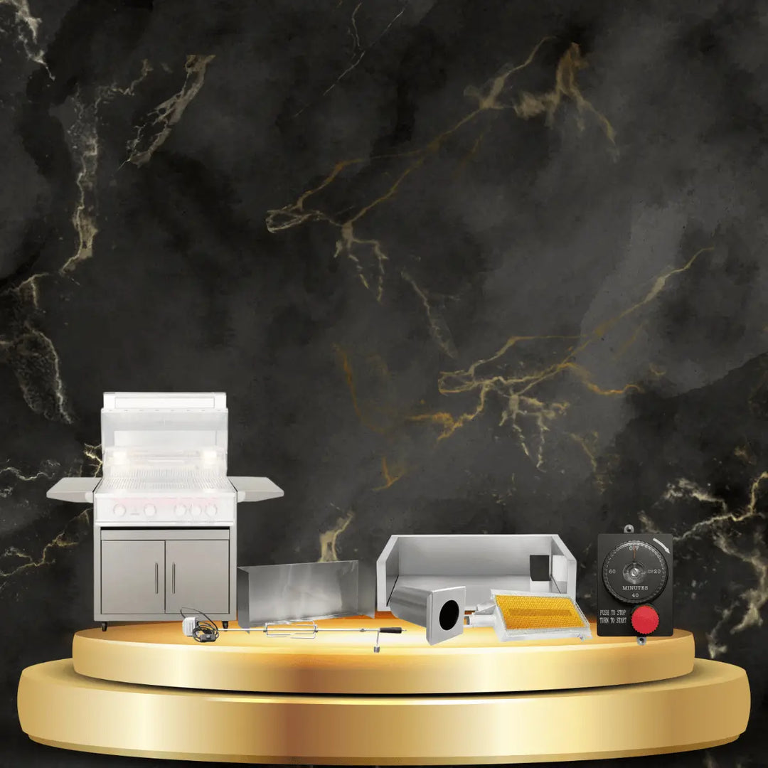 TrueFlame grill accessories collection with stainless steel grill, burners, rotisserie kit, and timer in luxury outdoor setup