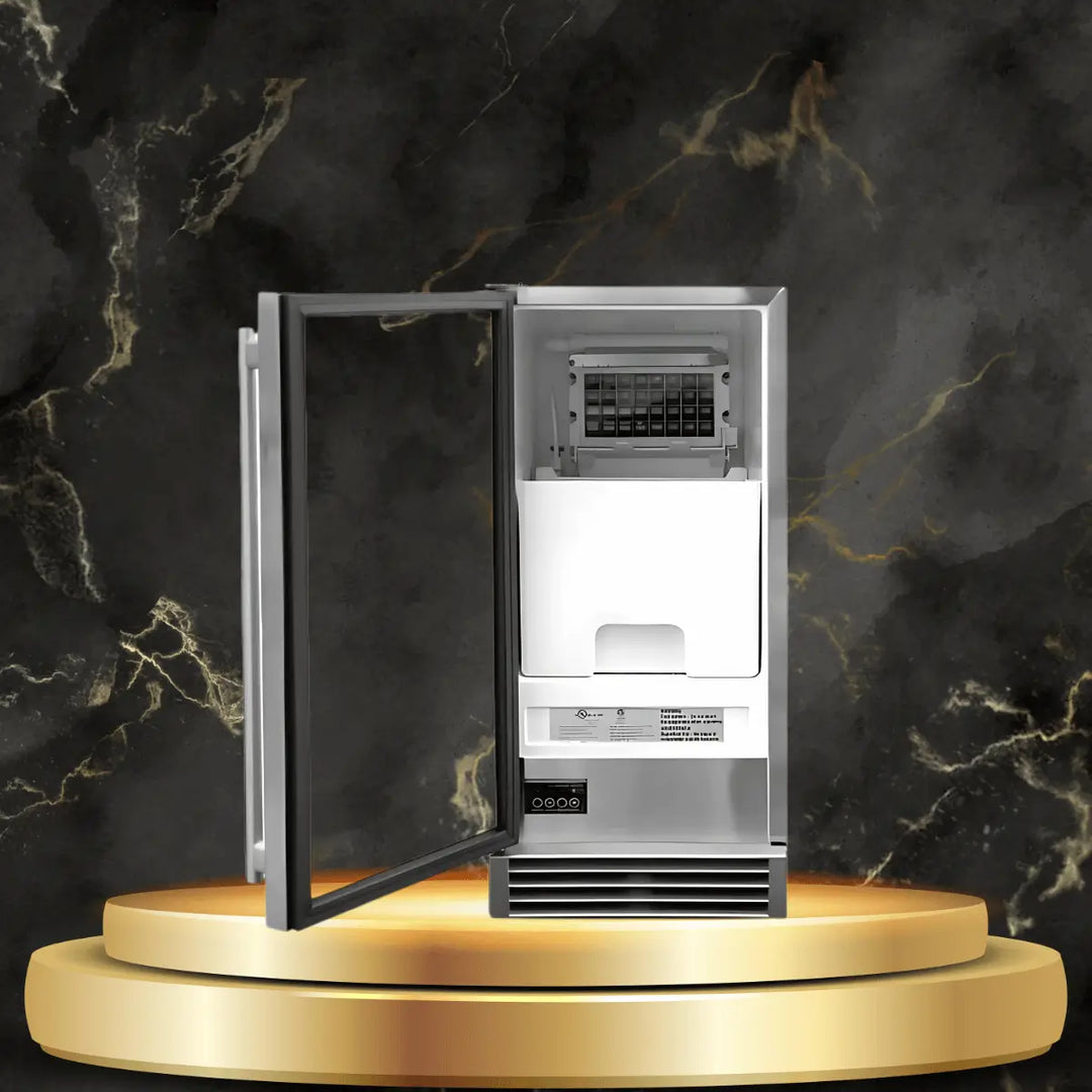 TrueFlame ice maker with stainless steel design and open door showing ice bin in a luxury outdoor kitchen setting.
