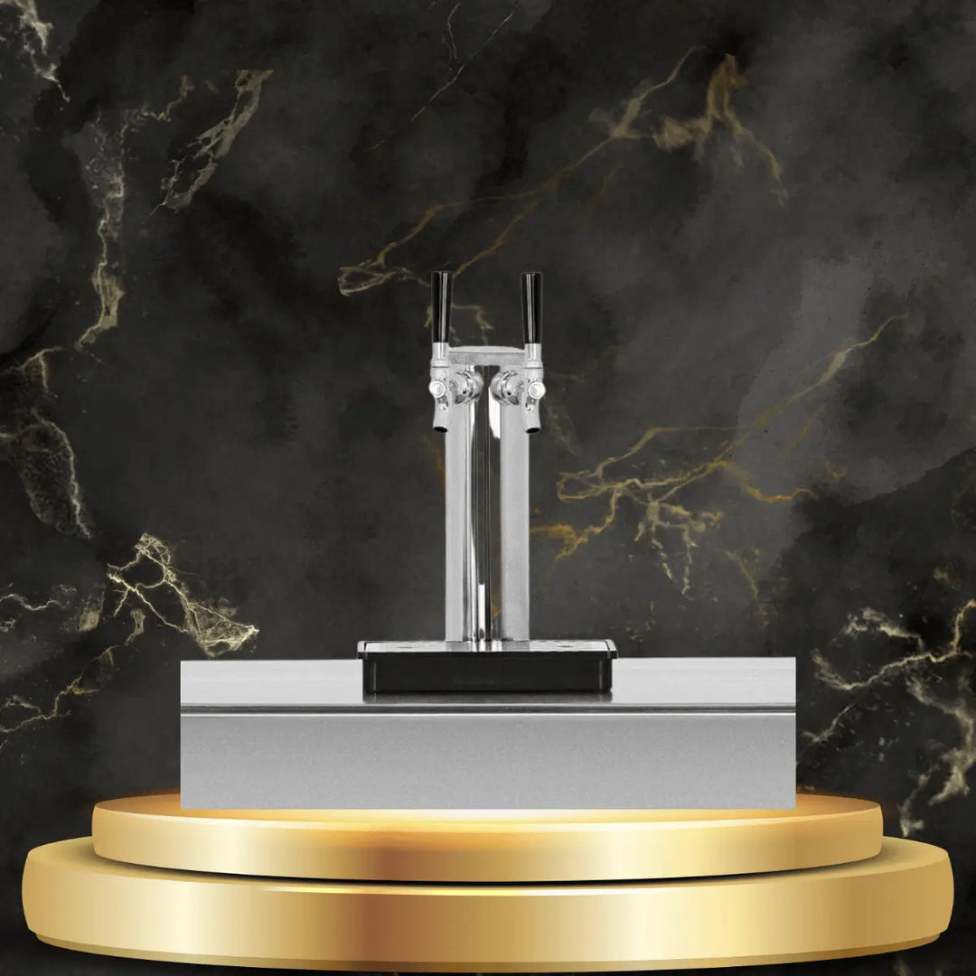 TrueFlame kegerator taps with stainless steel dual draft tower and black handles in a luxury outdoor bar display setting.