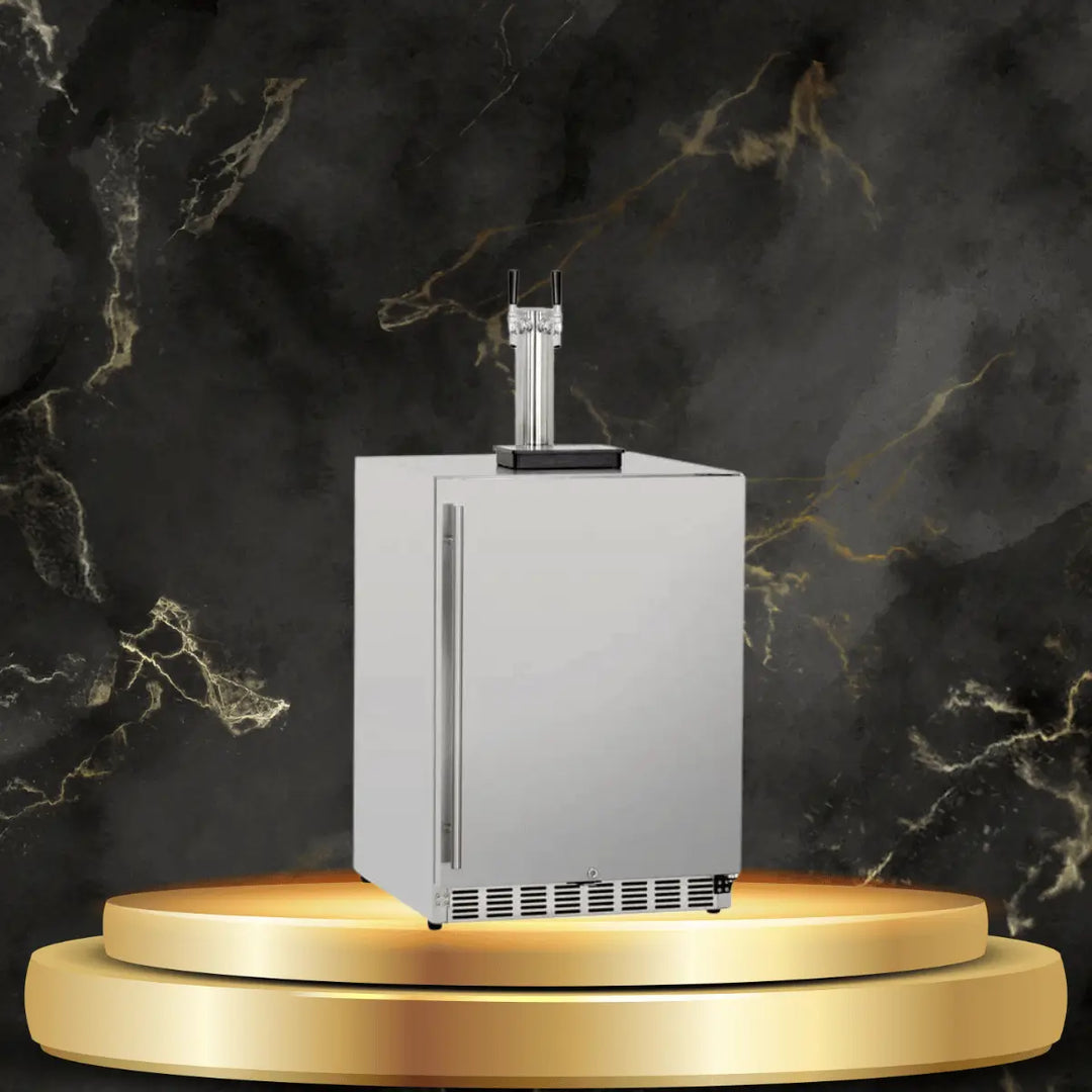 TrueFlame kegerator with stainless steel finish and dual tap draft tower displayed in a luxury outdoor kitchen setting.