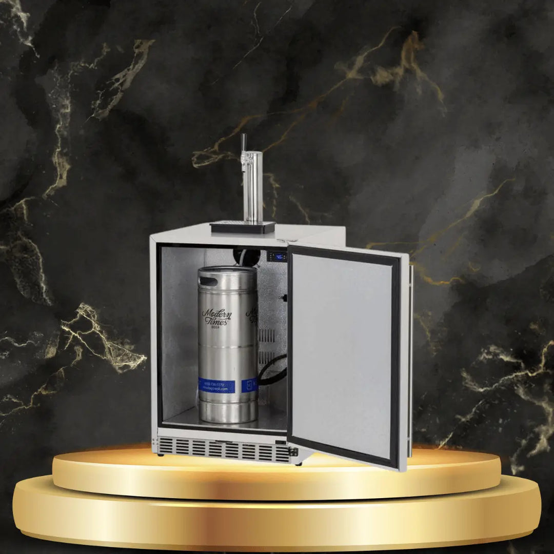 TrueFlame outdoor kegerator with open door, stainless steel beer keg, and dual tap draft tower on luxury display platform