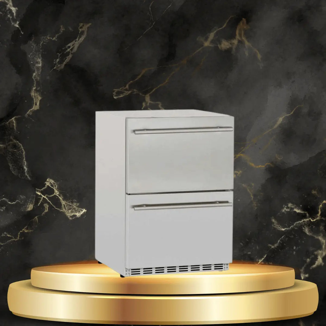 TrueFlame outdoor refrigeration drawers with stainless steel finish, compact design, and dual storage compartments on luxury display platform