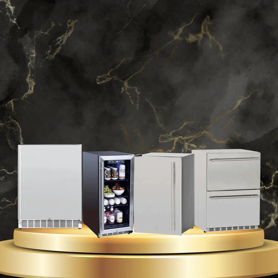 TrueFlame outdoor refrigerators collection with stainless steel fridge, beverage cooler, and drawer units in a luxury kitchen setup.