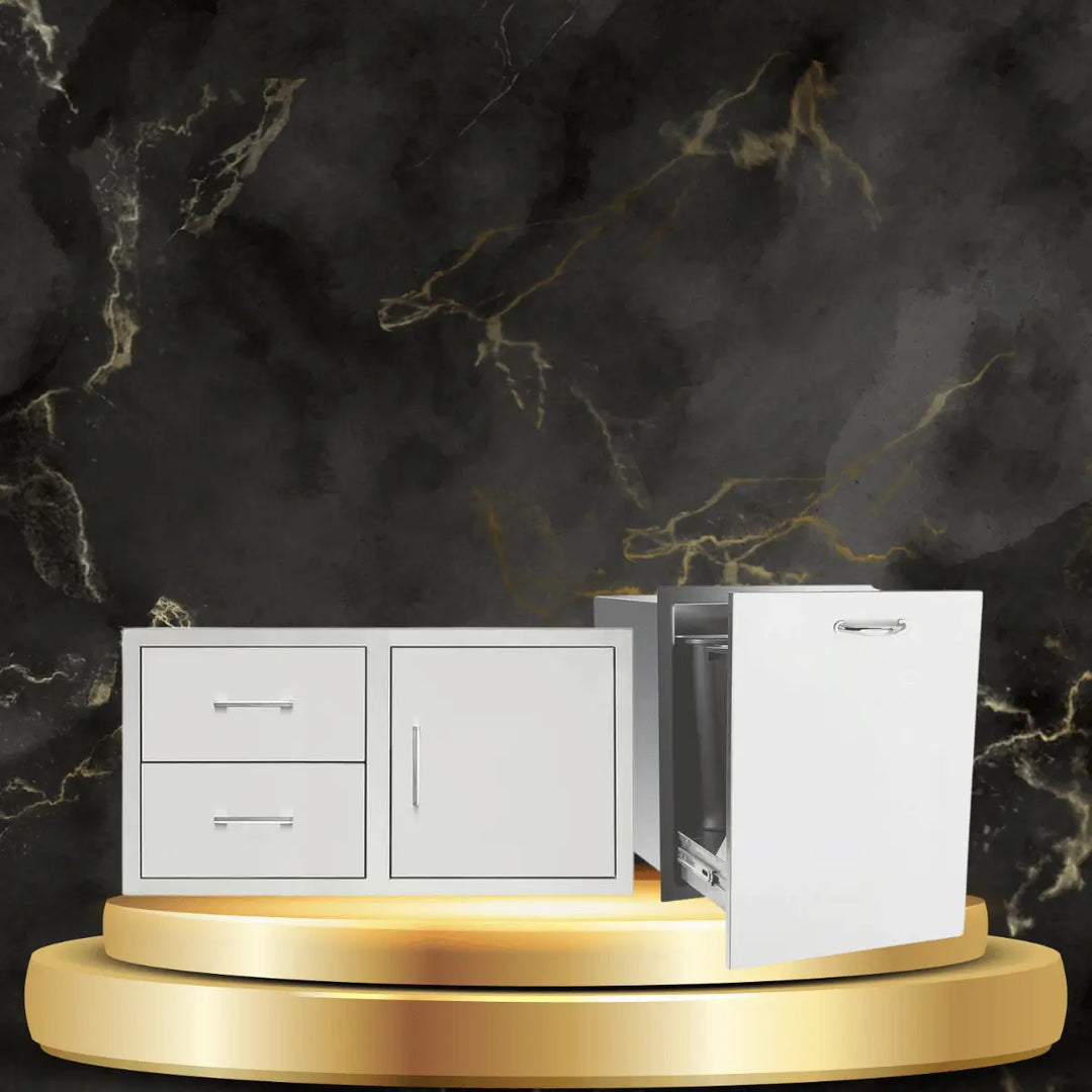 TrueFlame outdoor kitchen storage doors and drawers with stainless steel cabinets, pull-out trash bin, and double drawers on display platform.