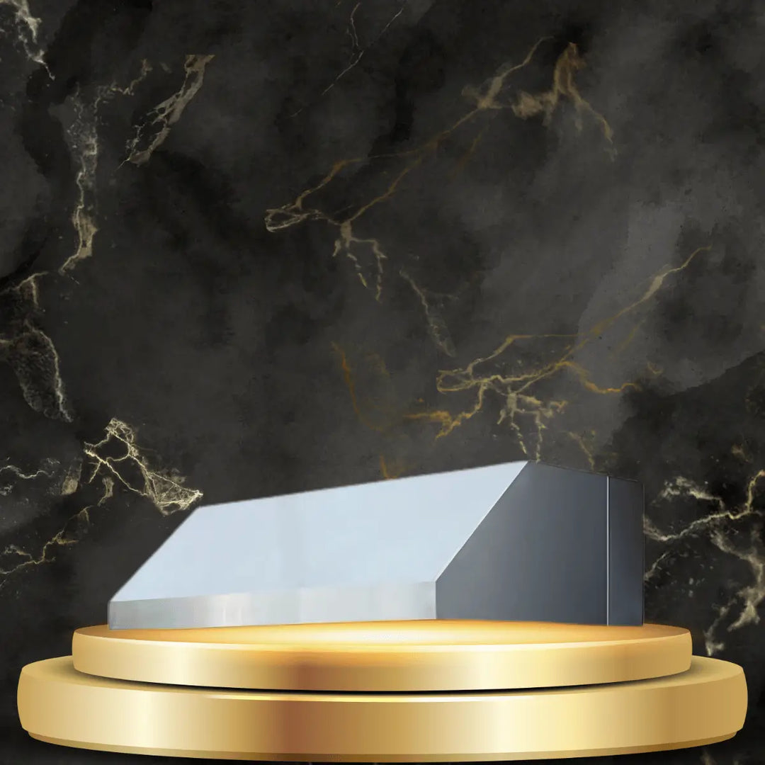TrueFlame stainless steel vent hood with modern sloped design displayed on gold pedestal in a luxury kitchen setting.