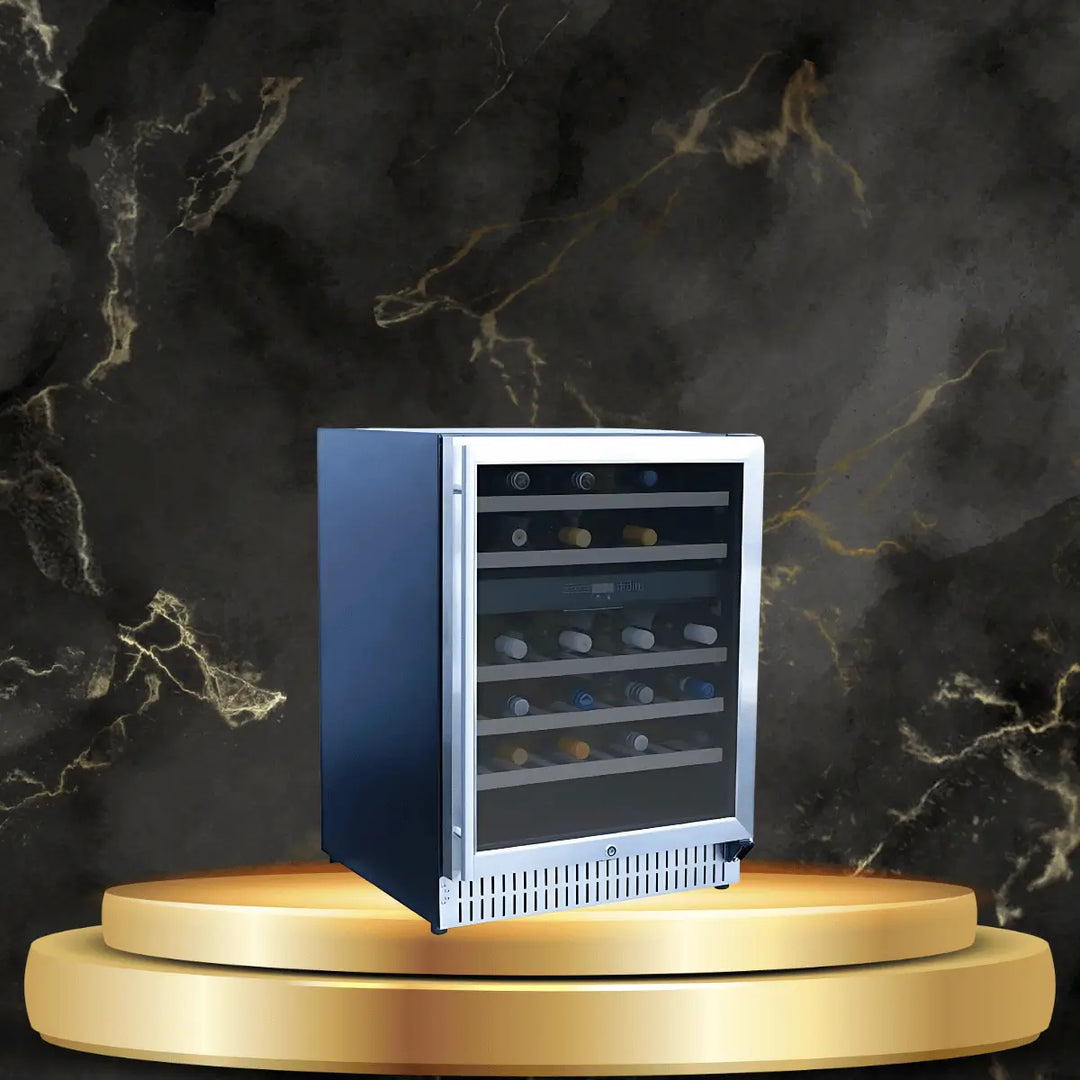 TrueFlame wine cooler with glass door and stainless steel finish displaying wine bottles in a luxury modern setting