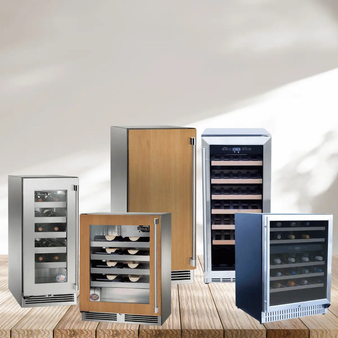 Wine coolers collection with stainless steel and wood panel fridges, glass doors, and wooden racks for organized wine storage.