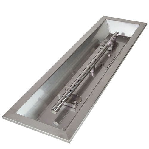 The Athena 60-inch linear drop-in stainless steel burner pan, model DIP-LN-60 is designed for fire pits, featuring a long, rectangular shape. Made from durable stainless steel, the pan includes evenly spaced burner holes for a consistent flame, ideal for modern fire feature designs.