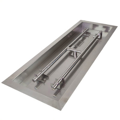 The Athena 48-inch rectangular drop-in stainless steel burner pan, model DIP-REC-48, is designed for fire pits. It features a sturdy, corrosion-resistant stainless steel construction, with a rectangular shape and evenly spaced burner holes for optimal flame distribution.