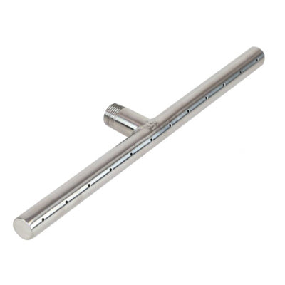 A stainless steel T-burner designed for outdoor fire pits and grills, featuring a T-shaped structure with multiple burner ports for even heat distribution. The shiny, corrosion-resistant surface highlights its durability and functionality.