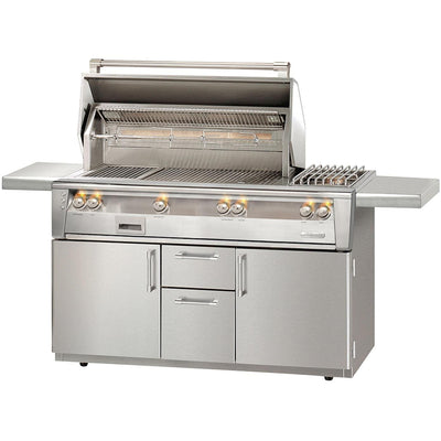 Alfresco ALXE 56-Inch Freestanding Gas Deluxe Grill With Marine Armour, Sear Zone, Rotisserie, And Side Burner Flame Authority
