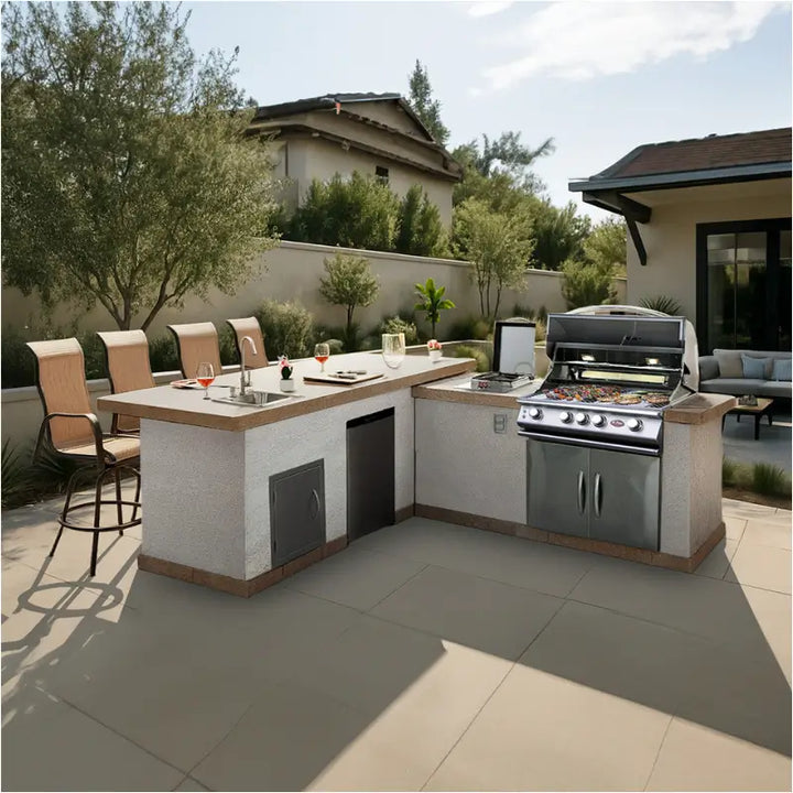 Cal Flame Carmel Q 870 R/L L-Shaped Outdoor BBQ Kitchen with P4 4-Burner Grill – BBK-870 R/L BBQ Islands BBK-870 R/L Flame Authority