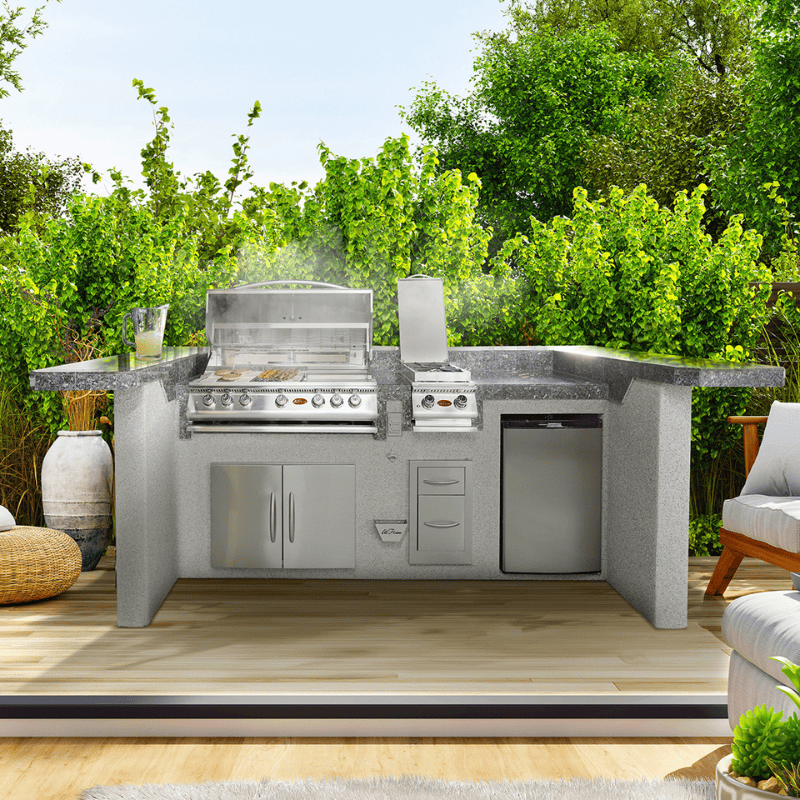 Cal Flame La Jolla Q PV7000 U-Shaped Outdoor Kitchen BBQ Island with 4-Burner P4 LP Grill BBQ Islands PV-7000 Flame Authority