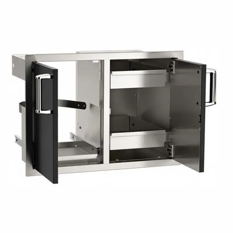 Fire Magic Echelon Black 53930BSC-12 double doors with trash tray and dual drawers shown open with stainless steel storage compartments