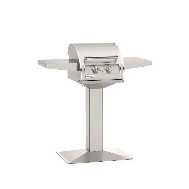 Fire Magic EL250s analog patio post-mount electric grill with stainless steel pedestal and side shelves