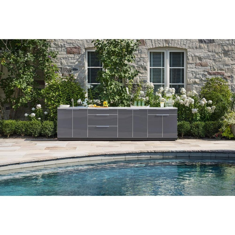Newage Products Outdoor Kitchen Cabinets Slate Gray Aluminum 4-Piece Set With Sink Cabinet Flame Authority