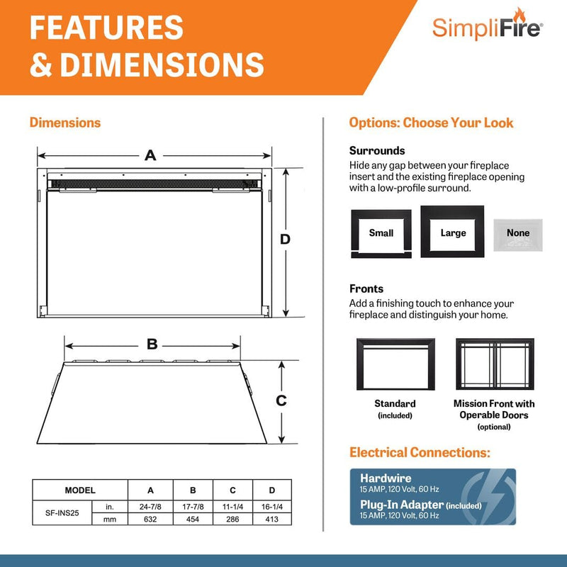 SimpliFire 25" Electric Insert Fireplace SF-INS25 Fireplaces SF-INS25 Flame Authority