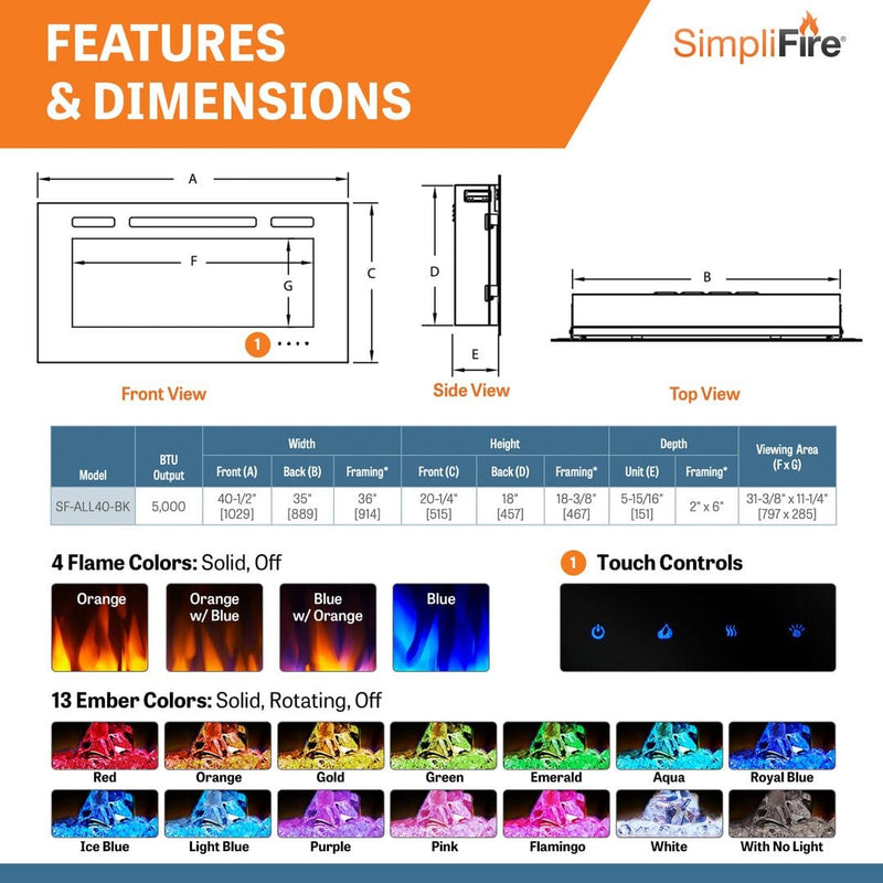 SimpliFire Allusion 40" Electric Fireplace SF-ALL40-BK Fireplaces SF-ALL40-BK Flame Authority