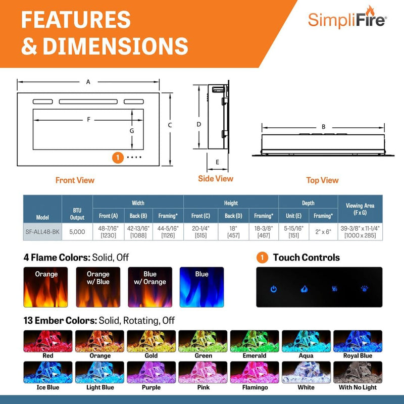 SimpliFire Allusion 48" Electric Fireplace SF-ALL48-BK Fireplaces SF-ALL48-BK Flame Authority