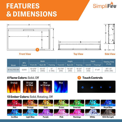 SimpliFire Allusion Platinum 50" Electric Fireplace SF-ALLP50-BK Fireplaces SF-ALLP50-BK Flame Authority