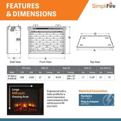 SimpliFire Built-In 30" Electric Fireplace SF-BI30-EB Fireplaces SF-BI30-EB Flame Authority