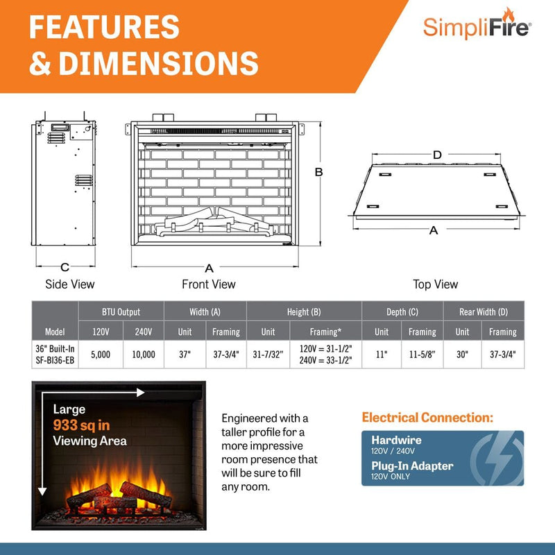 SimpliFire Built-In 36" Electric Fireplace SF-BI36-EB Fireplaces SF-BI36-EB Flame Authority