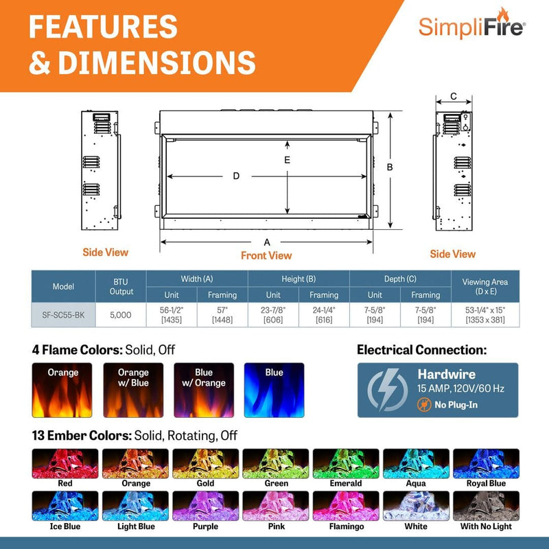 SimpliFire Scion 55" Electric Fireplace SF-SC55-BK Fireplaces SF-SC55-BK Flame Authority