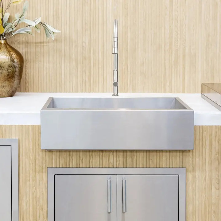 Summerset SNK-32FH-P 32-Inch Outdoor Farmhouse Sink Package with Hot & Cold Pull-Down Faucet BBQ Island Components SNK-32FH-P Flame Authority