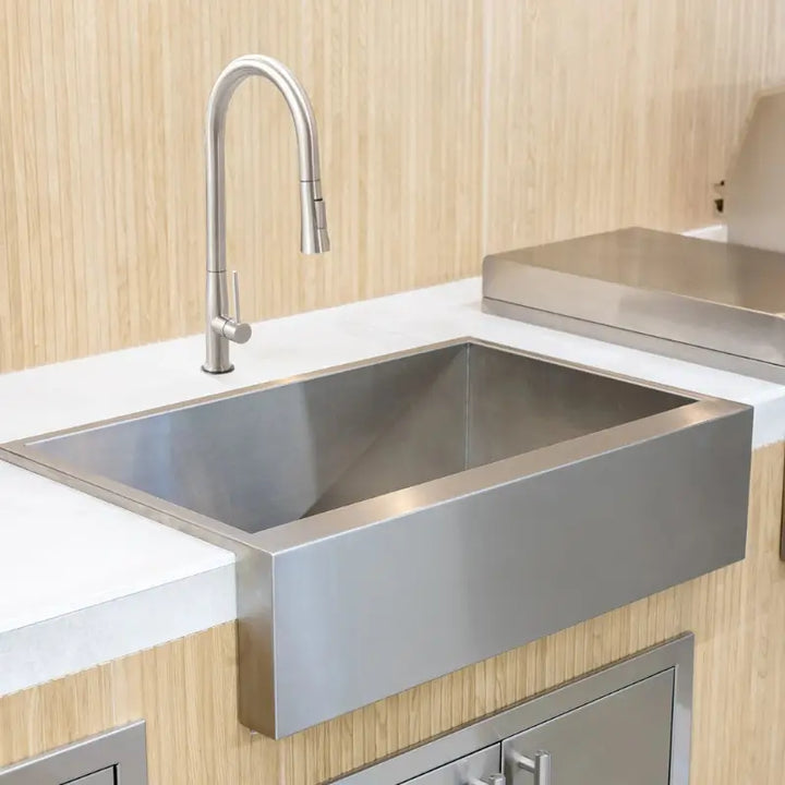 Summerset SNK-32FH-P 32-Inch Outdoor Farmhouse Sink Package with Hot & Cold Pull-Down Faucet BBQ Island Components SNK-32FH-P Flame Authority