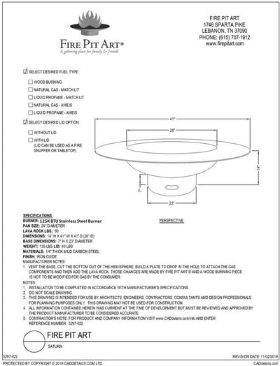 Fire Pit Art Saturn w/lid 41-inch Gas Fire Pit - SAT/LID