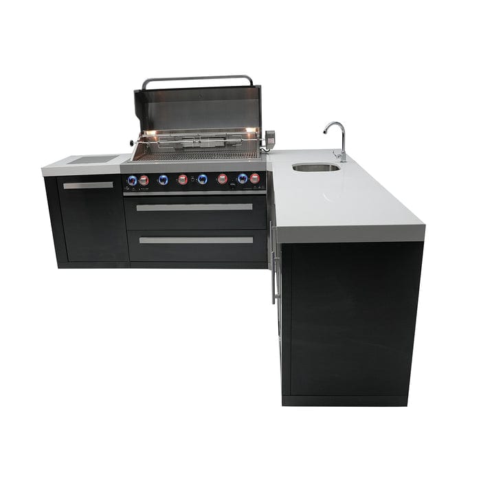 Mont Alpi 805 Black Stainless Steel Island Grill with 90 Degree Corner, Beverage Center & Fridge Cabinet MAi805-BSS90BEVFC