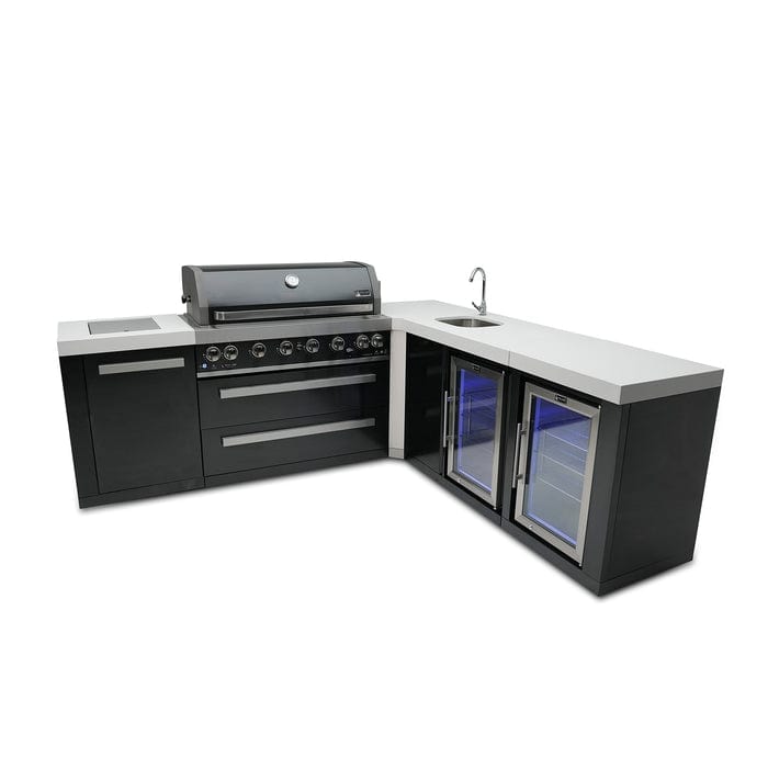 Mont Alpi 805 Black Stainless Steel Island Grill with 90 Degree Corner, Beverage Center & Fridge Cabinet MAi805-BSS90BEVFC