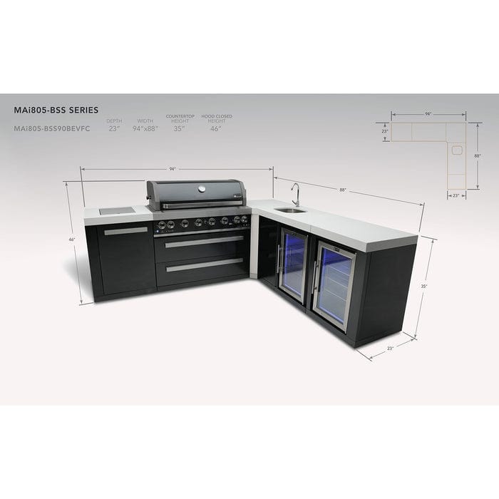 Mont Alpi 805 Black Stainless Steel Island Grill with 90 Degree Corner, Beverage Center & Fridge Cabinet MAi805-BSS90BEVFC