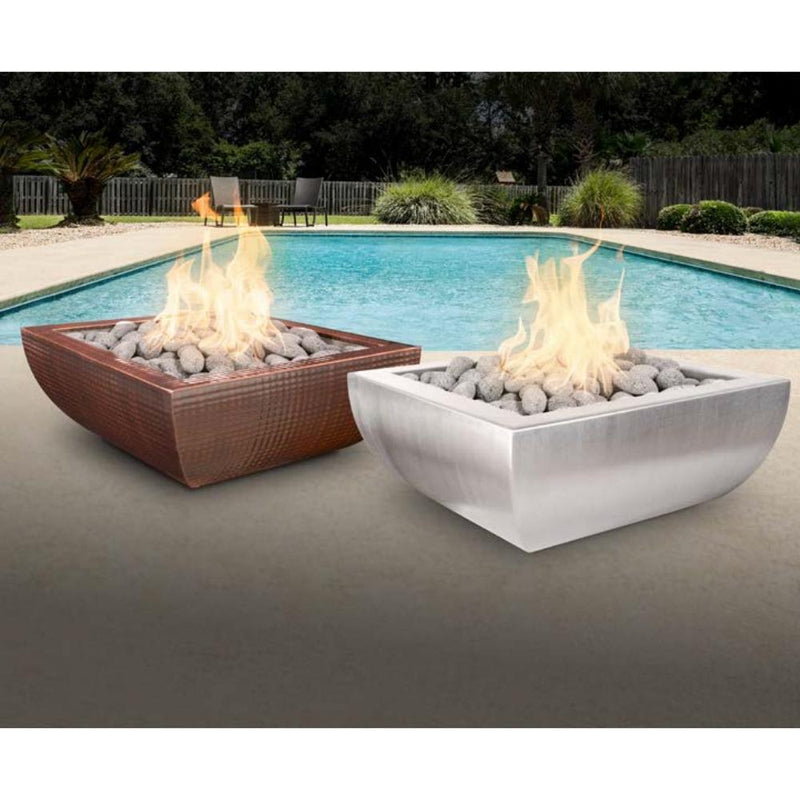 The Outdoor Plus Avalon 30" Hammered Copper Square 12V Electronic Fire Bowl OPT-30AVCPFE12V