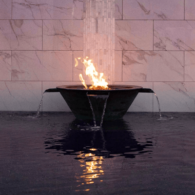 The Outdoor Plus Cazo 30" Hammered Copper 4 Way Spill Round 12V Electronic Ignition Fire & Water Bowl OPT-4W30E12V