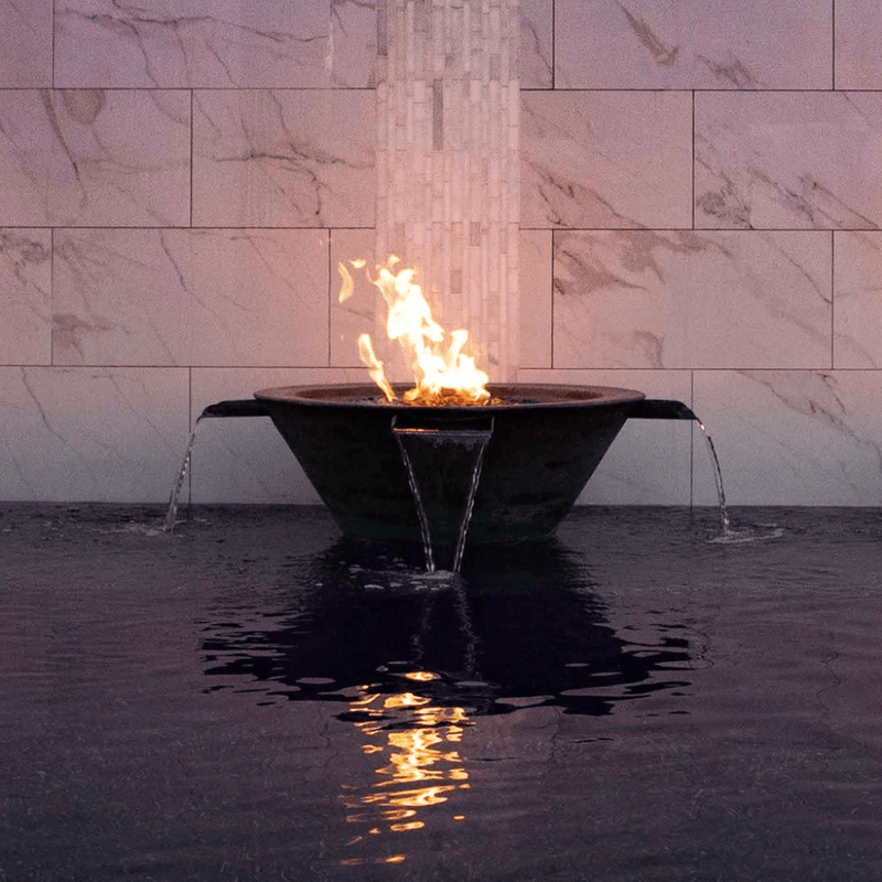 The Outdoor Plus Cazo 30" Hammered Copper 4 Way Spill Round 12V Electronic Ignition Fire & Water Bowl OPT-4W30E12V