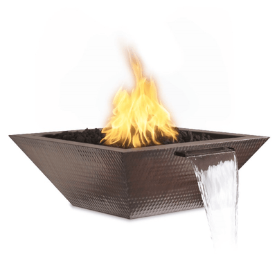 The Outdoor Plus Maya 24" Electronic Ignition Hammered Copper Square Fire & Water Bowl OPT-24SCFWE12V