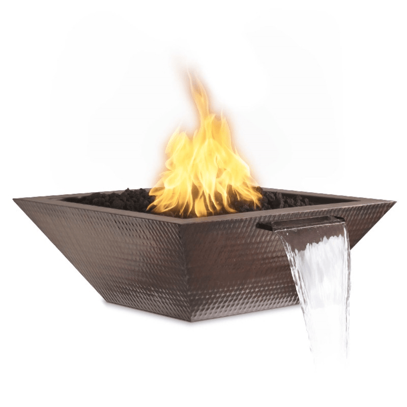 The Outdoor Plus Maya 36" Hammered Copper Square 12V Electronic Ignition Fire & Water Bowl OPT-36SCFWE12V