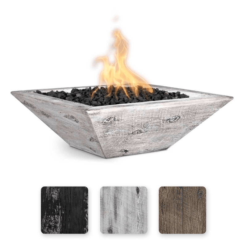 The Outdoor Plus Maya GFRC 24" Wood Grain Concrete Square 12V Electronic Ignition Fire Bowl OPT-24SWGFOE12V